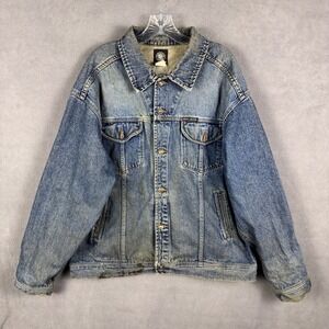 90s‎ DKNY Mens XL Jean Denim Jacket Blue NYC HIP HOP Dirty Work Look!
